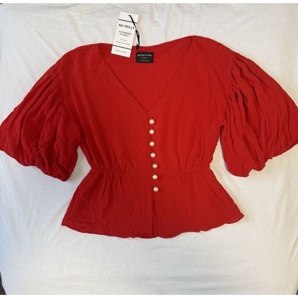 Mother of Pearl Red Peplum Blouse Top Womens Sz 0 Puff Sleeve V-Neck Cottagecore
